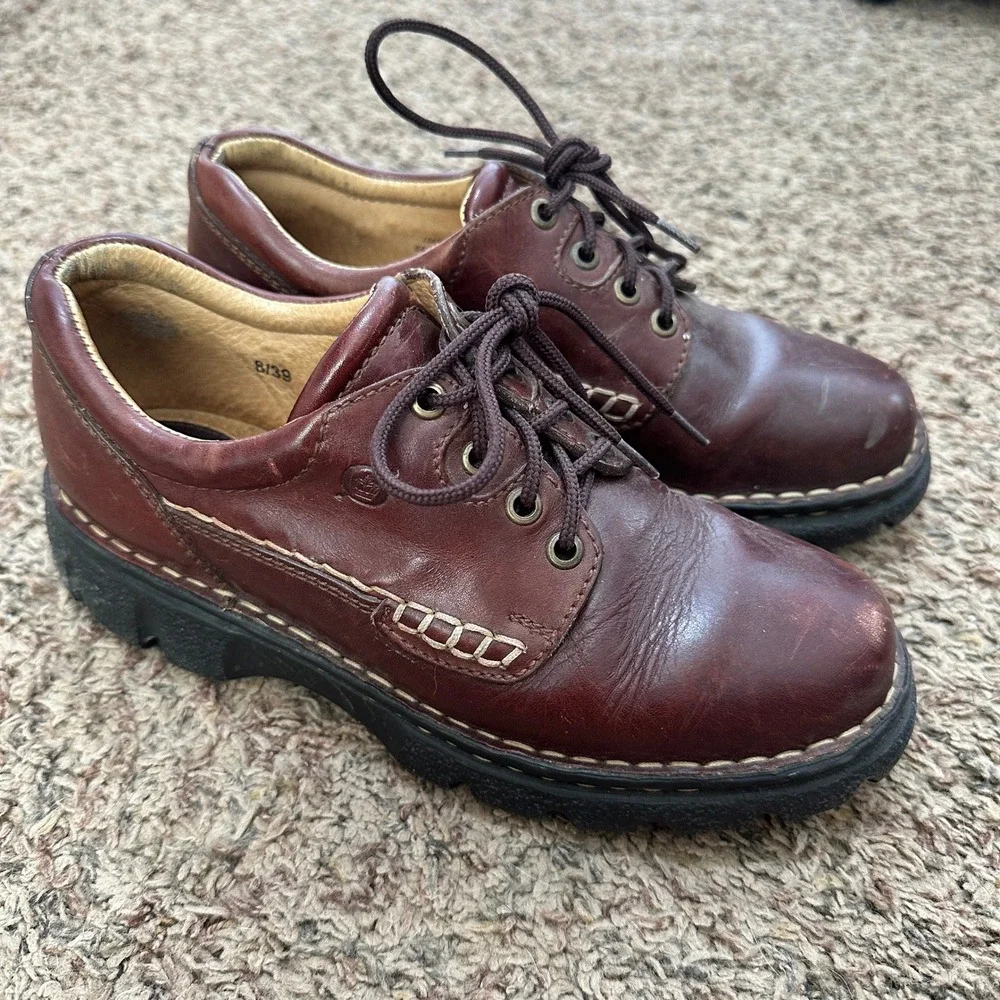 Born B6346 Brown Leather Lace Up Oxford Shoes Whipstitch Lug Sole Womens 8  READ